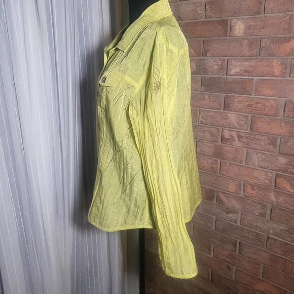 Chico's Chartreuse Sheer Taffeta-Like Button-Up Textured Floral - Sz 2 (Lg) - Picture 4 of 9